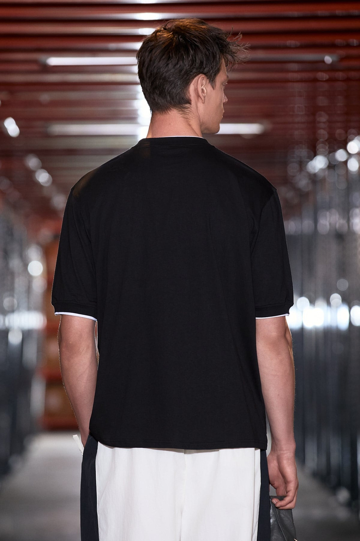 ROUGH Erkek %100 Organik Pamuklu Kontrast Biyeli Baskı Detaylı Regular Fit Siyah T-Shirt