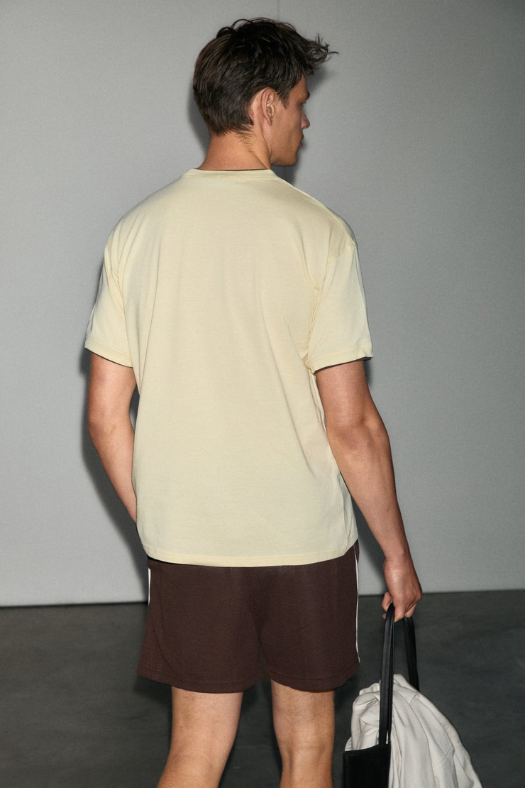 ROUGH Erkek %100 Organik Pamuklu Kontrast Biyeli Baskı Detaylı Regular Fit Sarı T-Shirt