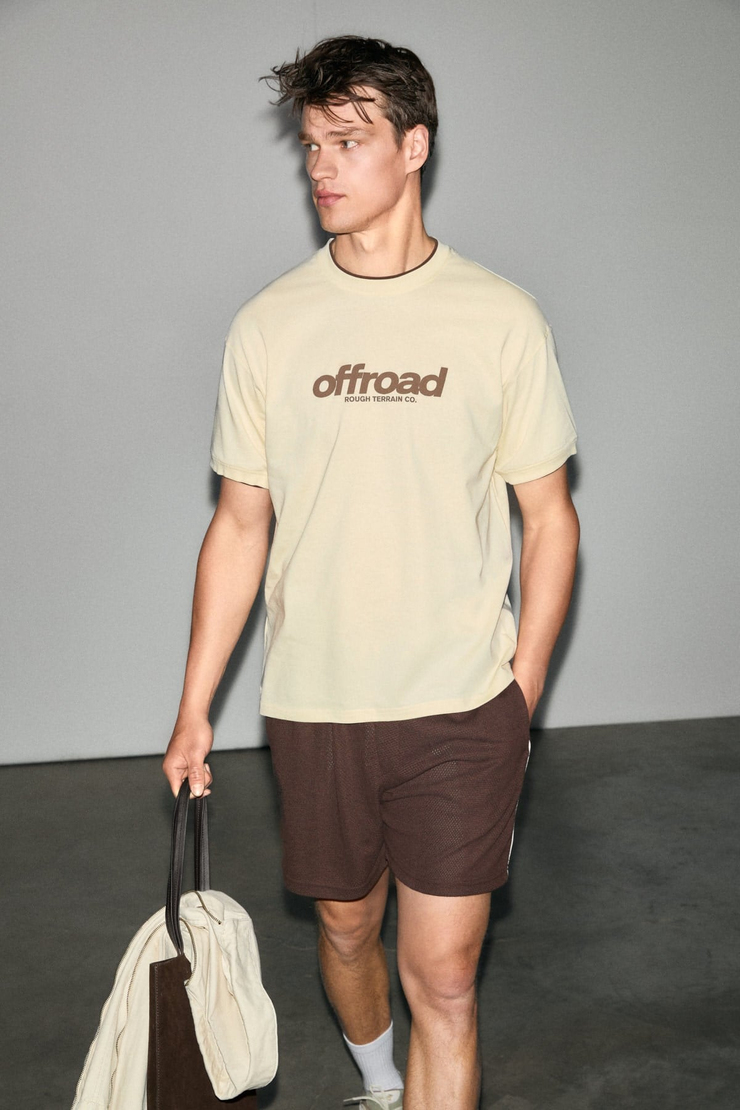 ROUGH Erkek %100 Organik Pamuklu Kontrast Biyeli Baskı Detaylı Regular Fit Sarı T-Shirt