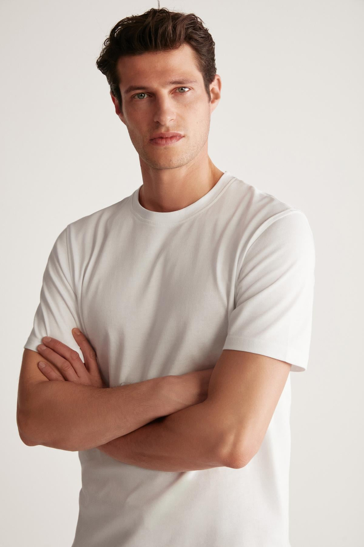 RUDY Erkek %100 Organik Pamuk Nefes Alan İç Göstermeyen Bisiklet Yaka Basic Beyaz T-Shirt