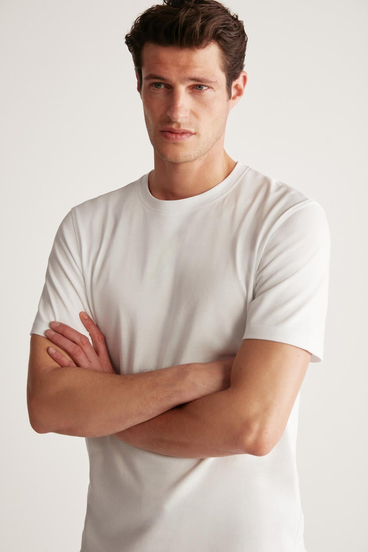 RUDY Erkek %100 Organik Pamuk Nefes Alan İç Göstermeyen Bisiklet Yaka Basic Beyaz T-Shirt