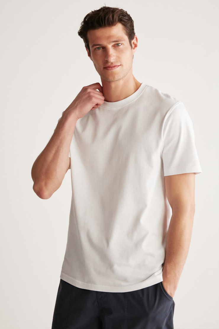 RUDY Erkek %100 Organik Pamuk Nefes Alan İç Göstermeyen Bisiklet Yaka Basic Beyaz T-Shirt