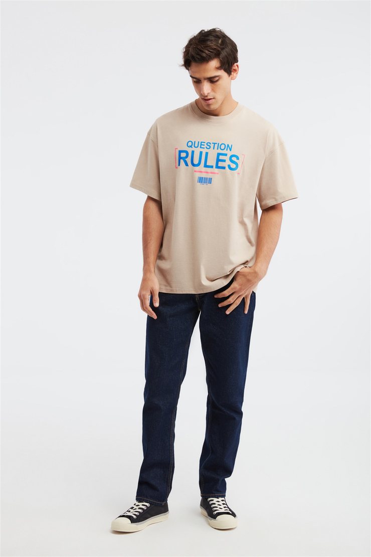 Rules Erkek Ekru Baskılı Yuvarlak Yaka Oversize T-Shirt