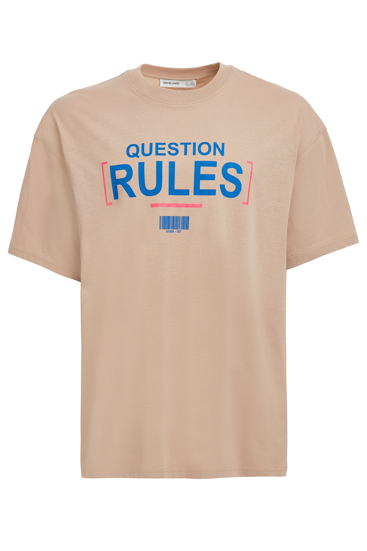 Rules Erkek Ekru Baskılı Yuvarlak Yaka Oversize T-Shirt