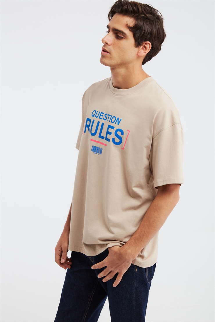 Rules Erkek Ekru Baskılı Yuvarlak Yaka Oversize T-Shirt