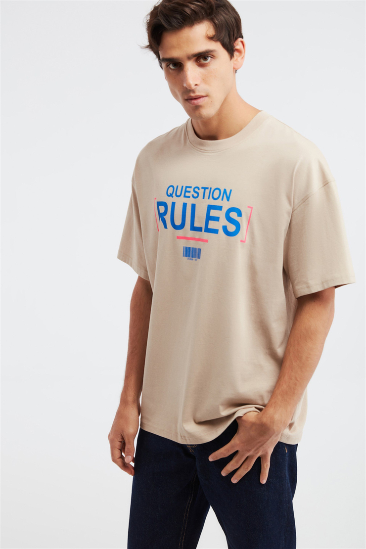 Rules Erkek Ekru Baskılı Yuvarlak Yaka Oversize T-Shirt