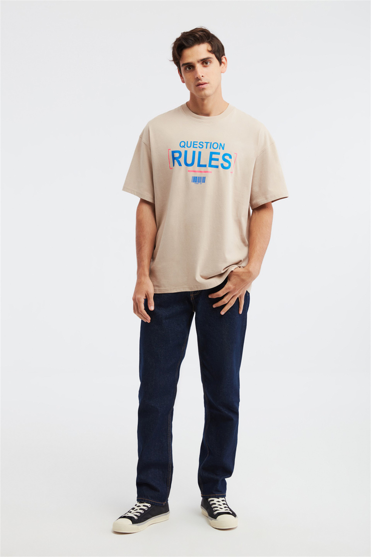 Rules Erkek Ekru Baskılı Yuvarlak Yaka Oversize T-Shirt