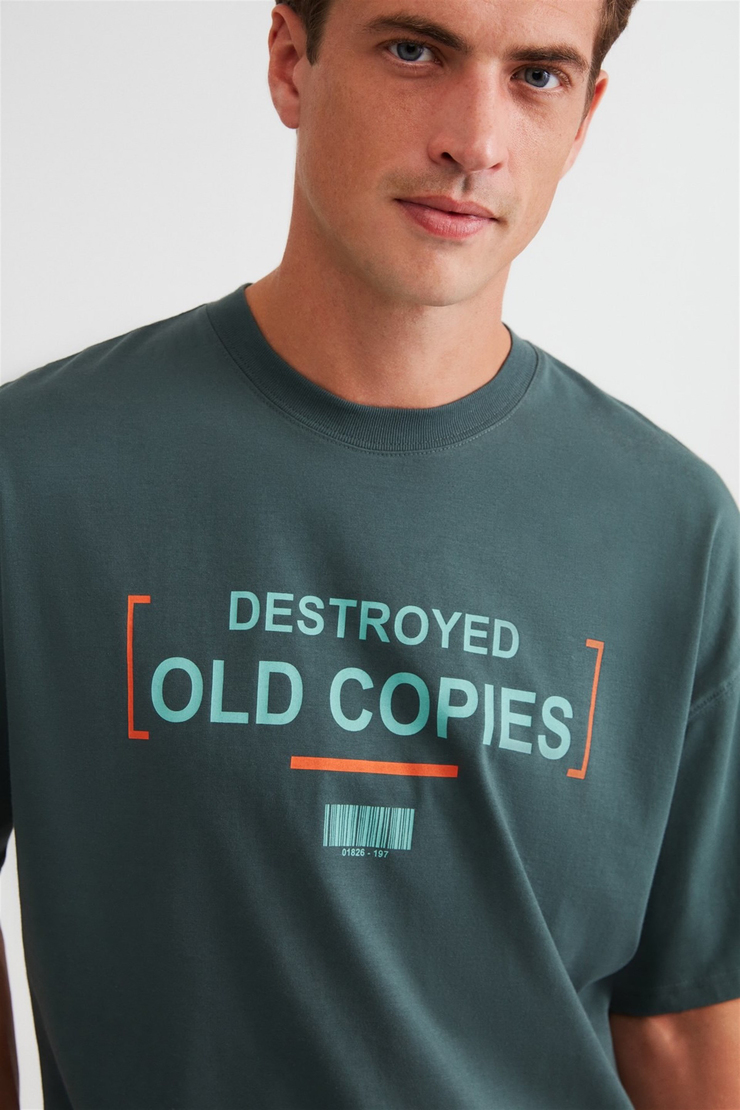 Rules Erkek Yeşil Baskılı Yuvarlak Yaka Oversize T-Shirt