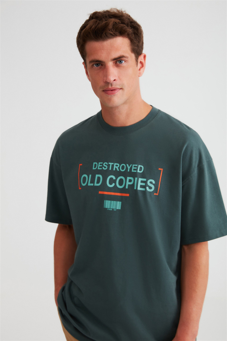 Rules Erkek Yeşil Baskılı Yuvarlak Yaka Oversize T-Shirt