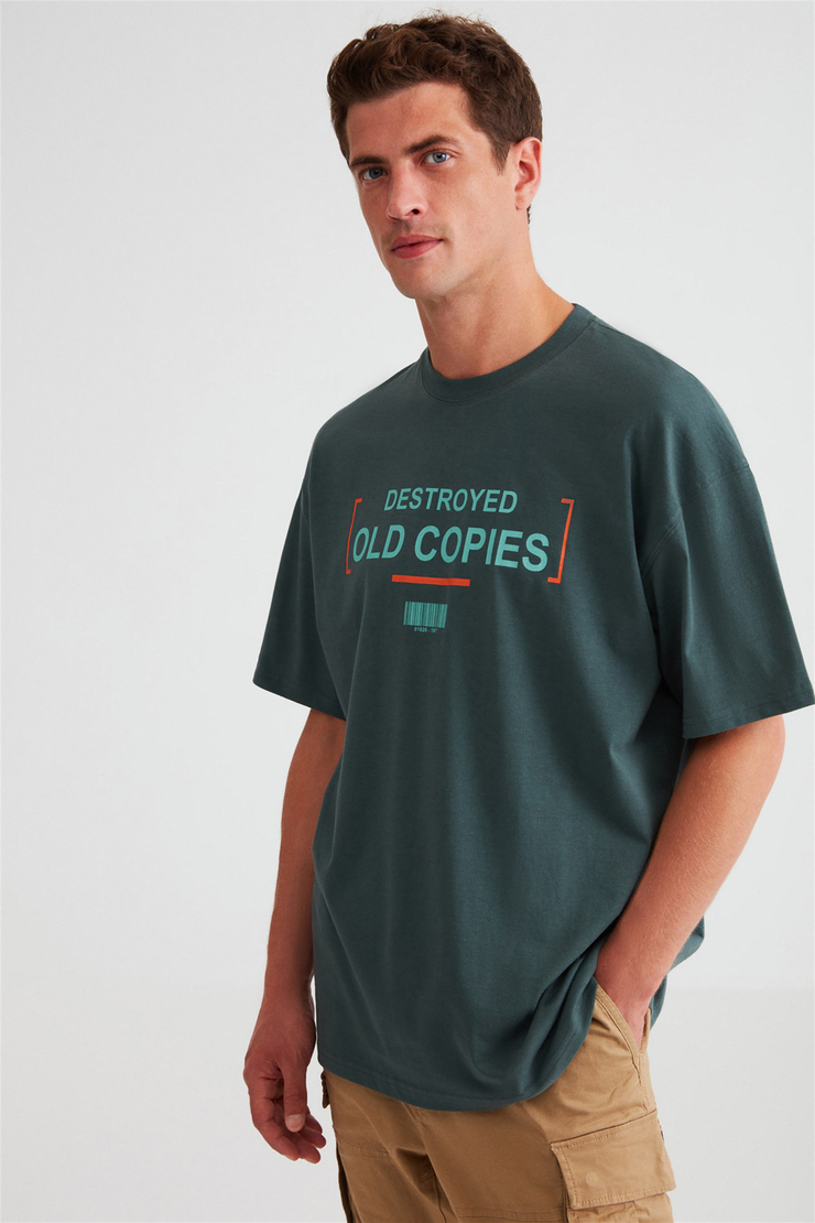 Rules Erkek Yeşil Baskılı Yuvarlak Yaka Oversize T-Shirt