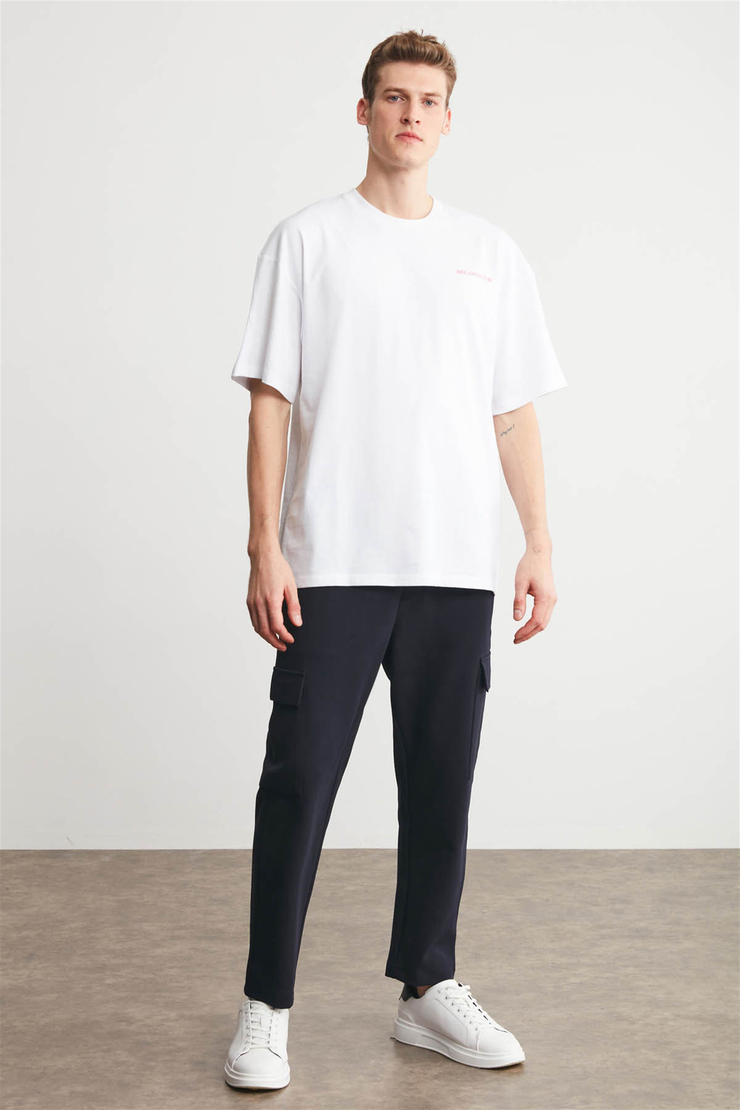 RUSH Erkek Beyaz Baskılı Yuvarlak Yaka Oversize T-Shirt