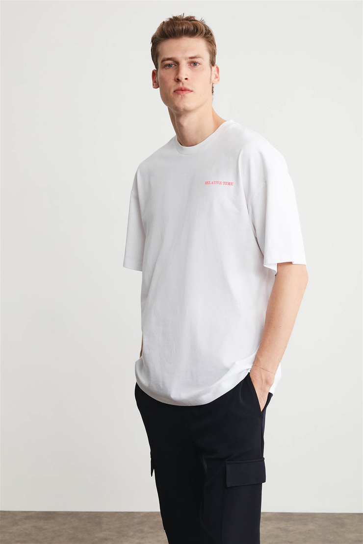 RUSH Erkek Beyaz Baskılı Yuvarlak Yaka Oversize T-Shirt