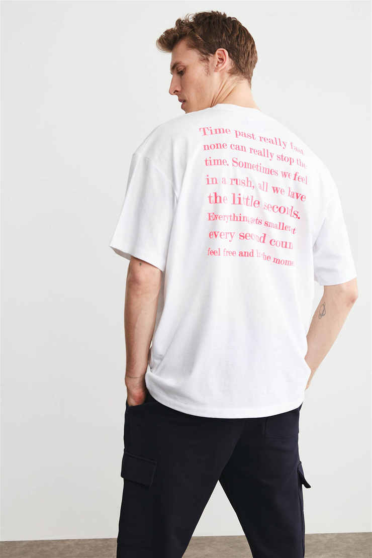 RUSH Erkek Beyaz Baskılı Yuvarlak Yaka Oversize T-Shirt