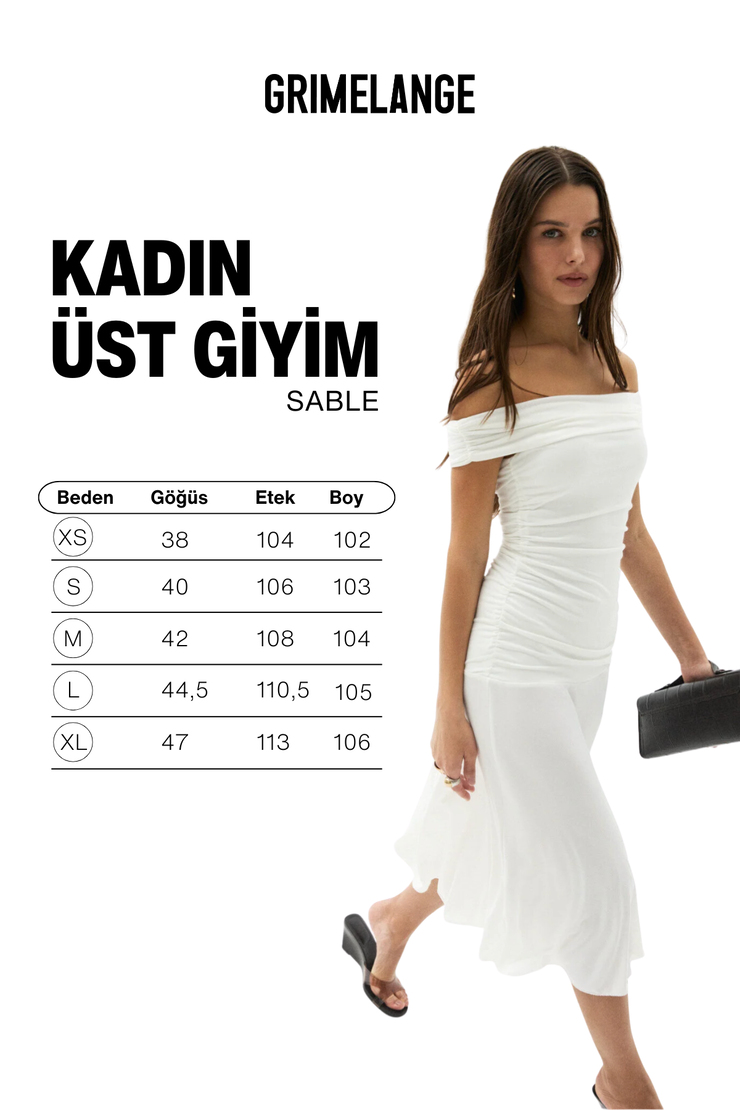 SABLE Kadın Yumuşak Ve Esnek Kumaşlı Omuzu Açık Büzgü Detaylı Uzun Beyaz Elbise