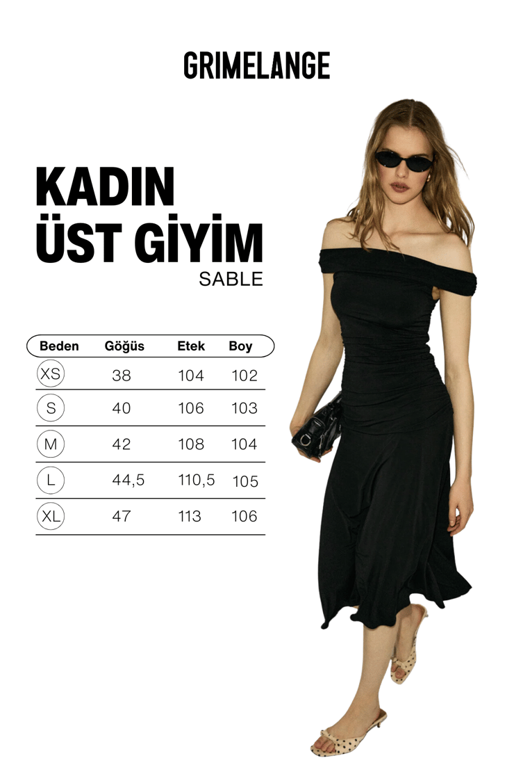 SABLE Kadın Yumuşak Ve Esnek Kumaşlı Omuzu Açık Büzgü Detaylı Uzun Siyah Elbise