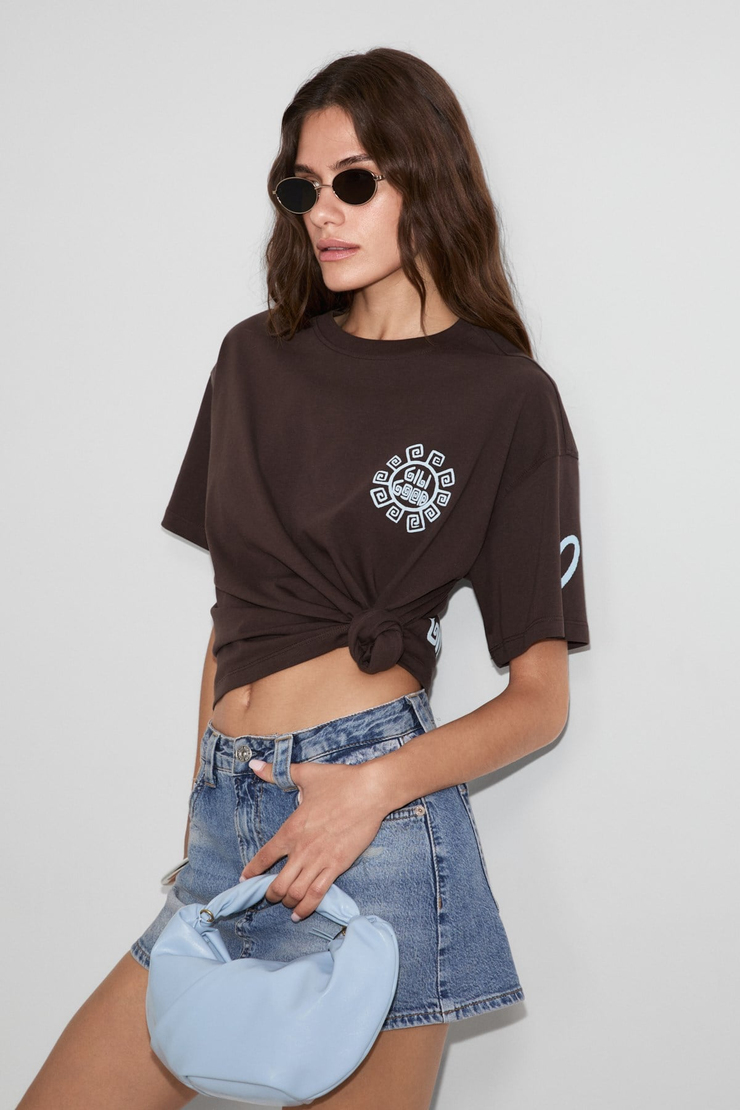 SAHARA Kadın Yumuşak Ve %100 Organik Pamuklu Baskı Detaylı Kahverengi T-Shirt