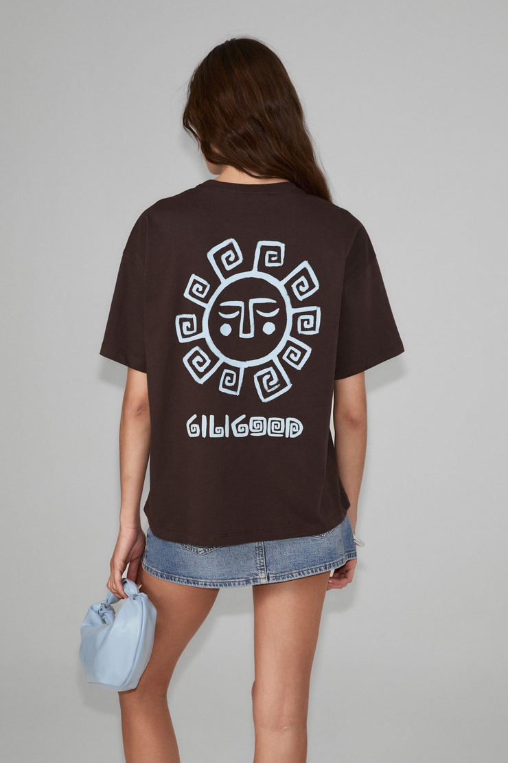 SAHARA Kadın Yumuşak Ve %100 Organik Pamuklu Baskı Detaylı Kahverengi T-Shirt