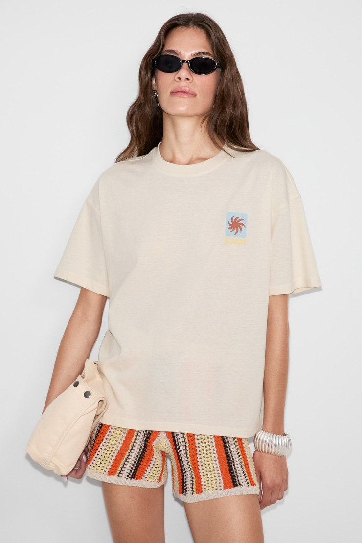 SAHARA Kadın Yumuşak Ve %100 Organik Pamuklu Baskı Detaylı Vanilya T-Shirt