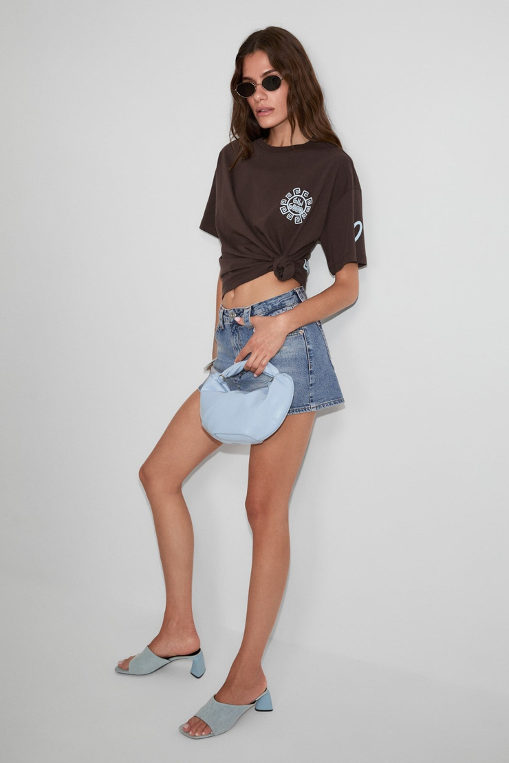 SAHARA Kadın Yumuşak Ve %100 Organik Pamuklu Baskı Detaylı Kahverengi T-Shirt