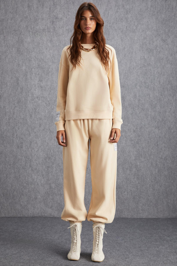 SAHIAN Basic Regular Krem Tekli Sweatshirt