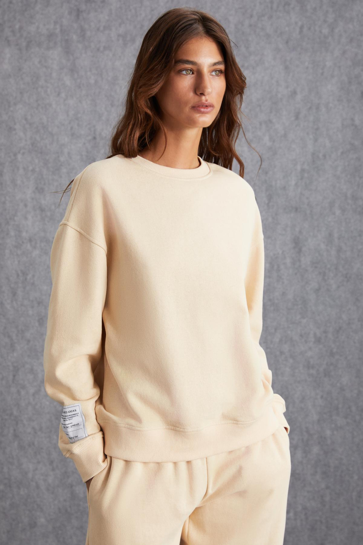 SAHIAN Basic Regular Krem Tekli Sweatshirt