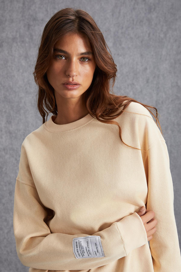 SAHIAN Basic Regular Krem Tekli Sweatshirt
