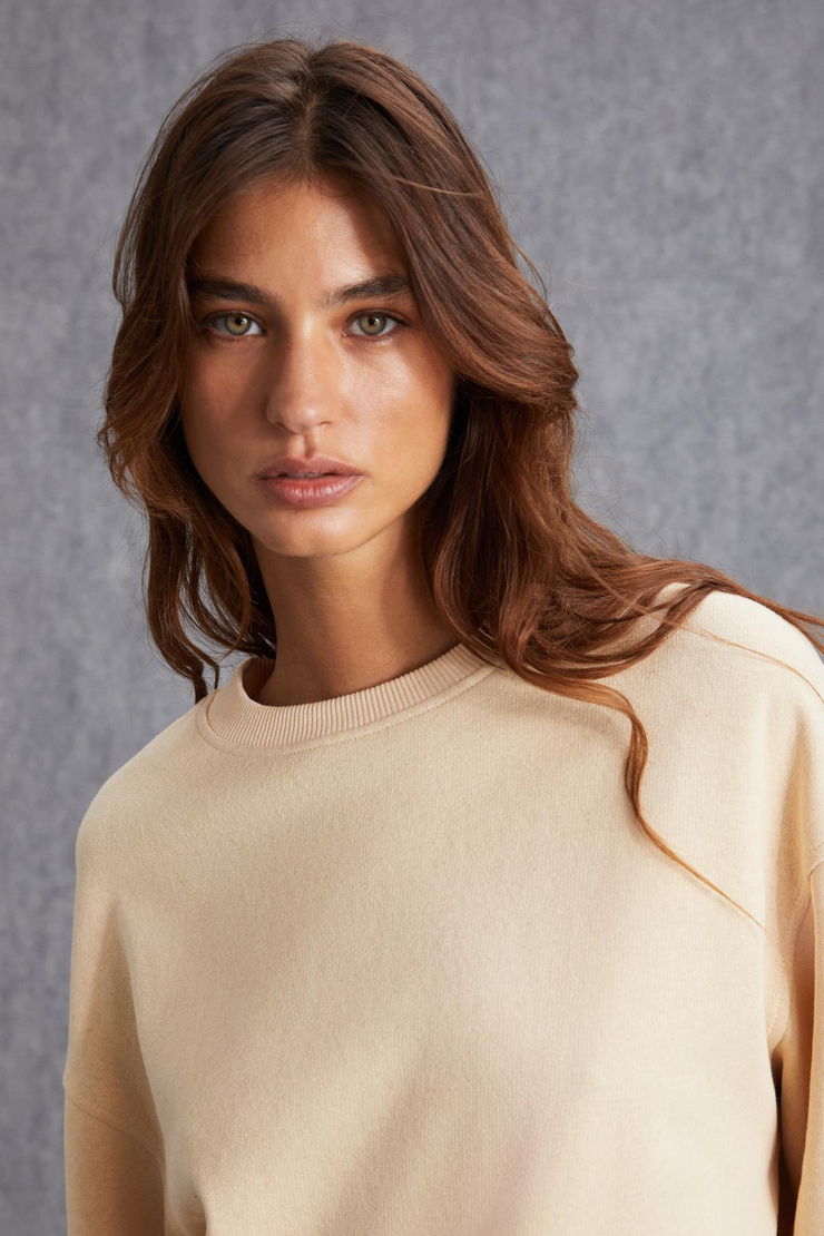 SAHIAN Basic Regular Krem Tekli Sweatshirt