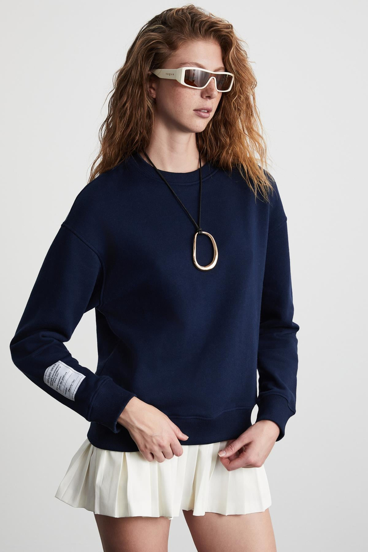 SAHIAN Basic Regular Lacivert Tekli Sweatshirt