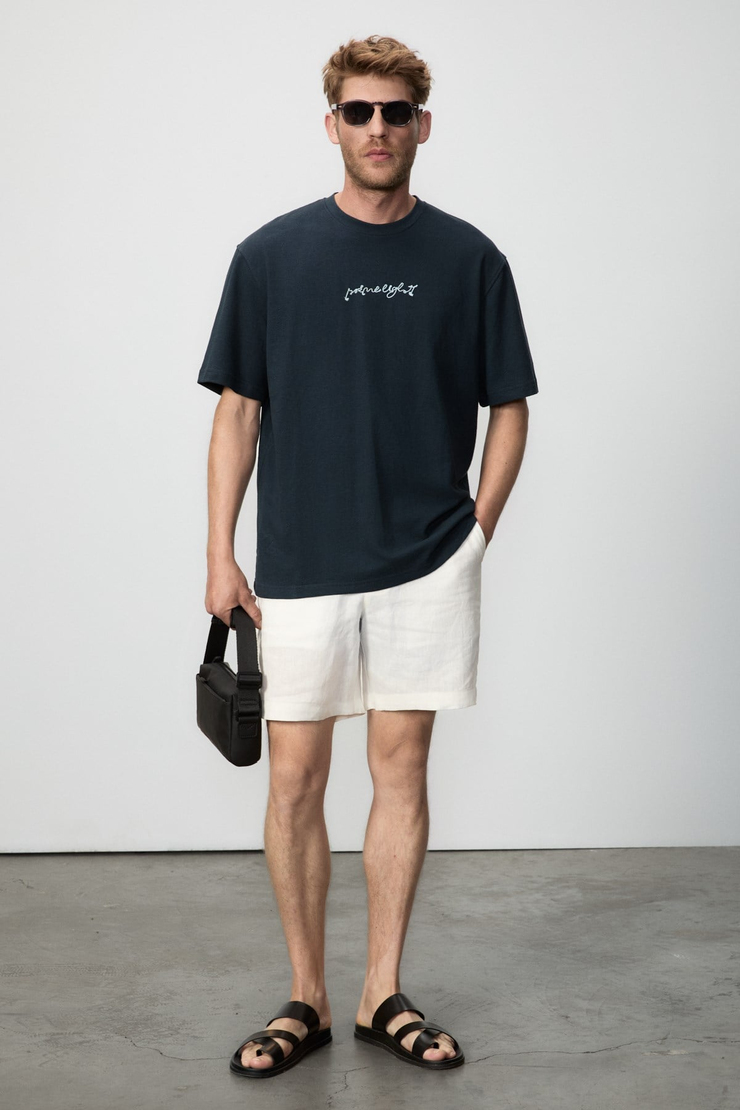 SAIMON Erkek %100 Organik Pamuklu Yuvarlak Yakalı Nakış Detaylı Regular Fit Lacivert T-Shirt