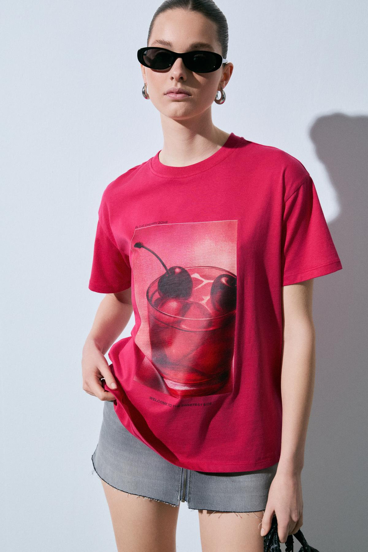 SALENNA Kadın Yumuşak Kumaşlı Baskı Detaylı Regular Fit Fuşya T-Shirt