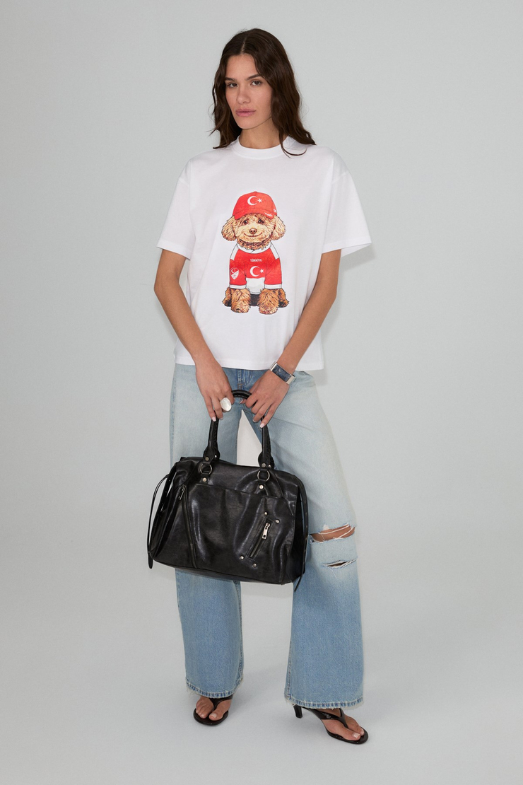 SALMA Kadın Yumuşak %100 Organik Pamuklu Dünya Kupasına Özel Baskılı Beyaz T-Shirt