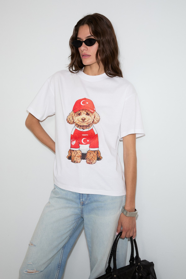 SALMA Kadın Yumuşak %100 Organik Pamuklu Dünya Kupasına Özel Baskılı Beyaz T-Shirt