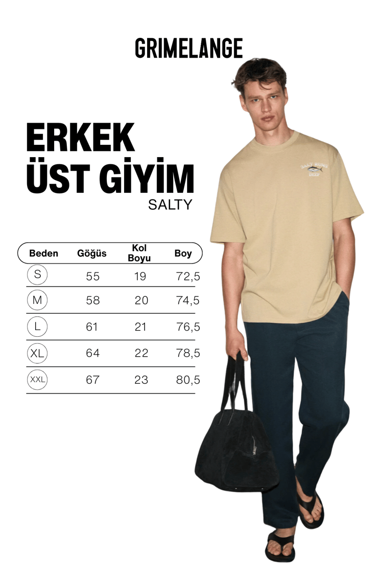 SALTY Erkek %100 Organik Pamuklu Yuvarlak Yakalı Baskı Detaylı Vizon T-Shirt