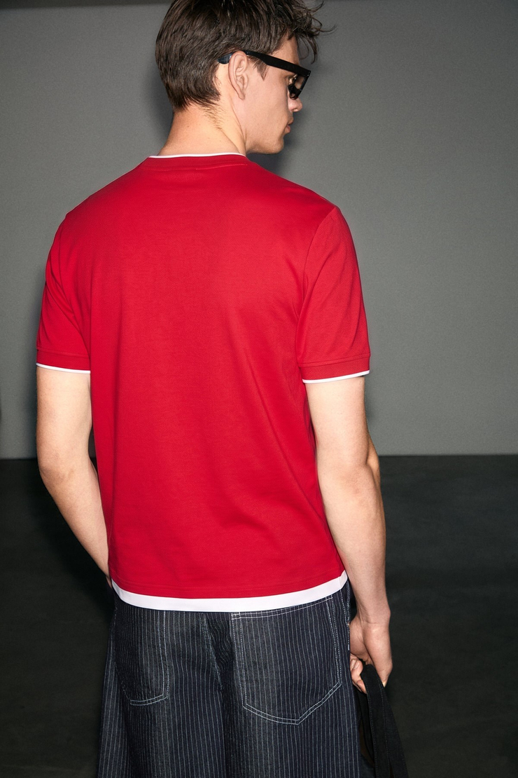 SALUR Erkek %100 Organik Pamuklu Kontrast Garnili Dünya Kupasına Özel Baskılı Kırmızı T-Shirt