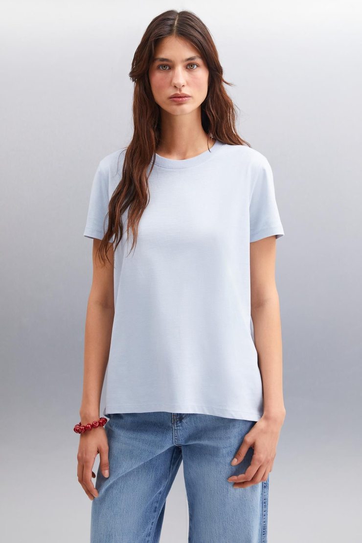 SAMANTHA Basic Comfort Mavi Tekli T-Shirt