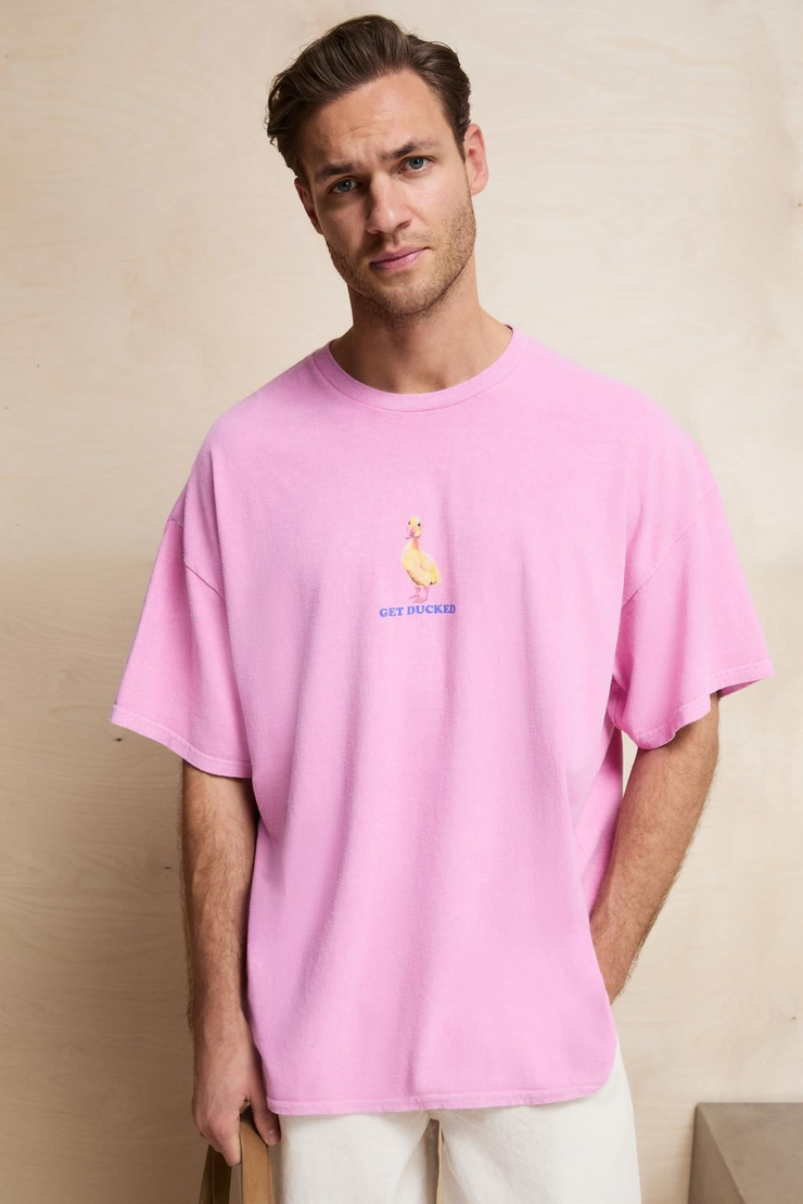 SAMANTHO Erkek Yumuşak Ve Organik Pamuklu Yıkamalı Baskı Detaylı Pembe T-Shirt