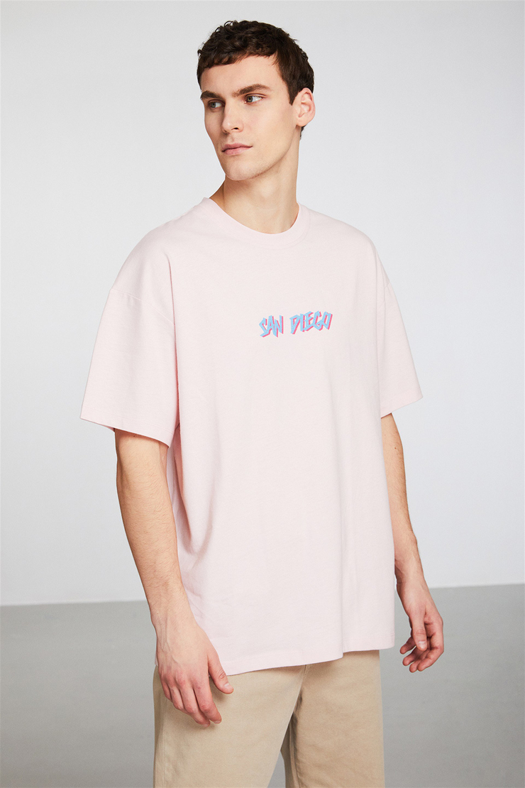 SAN DIAGO Erkek Pembe Baskılı Yuvarlak Yaka Oversıze T-Shirt