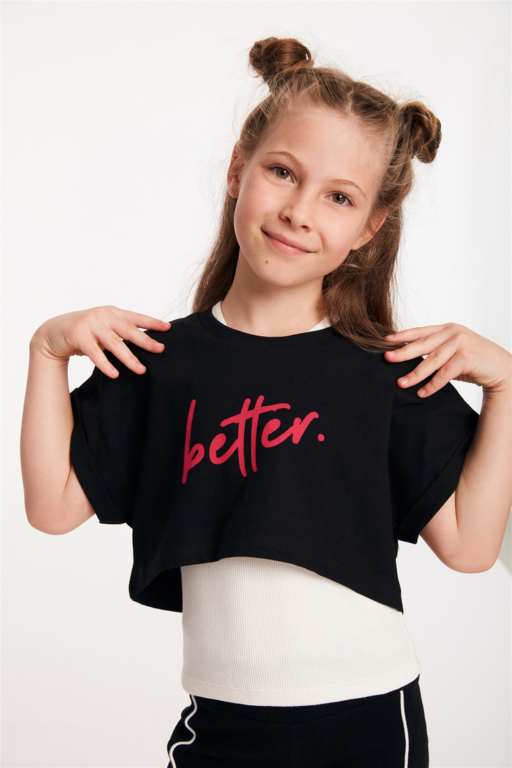 SANO Kadın Siyah Baskılı Yuvarlak Yaka Crop Fit T-Shirt