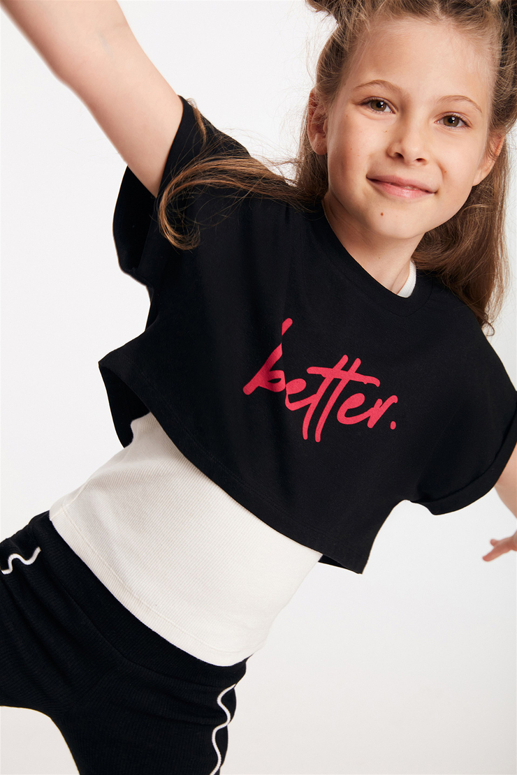 SANO Kadın Siyah Baskılı Yuvarlak Yaka Crop Fit T-Shirt