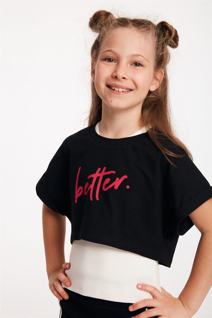 SANO Kadın Siyah Baskılı Yuvarlak Yaka Crop Fit T-Shirt
