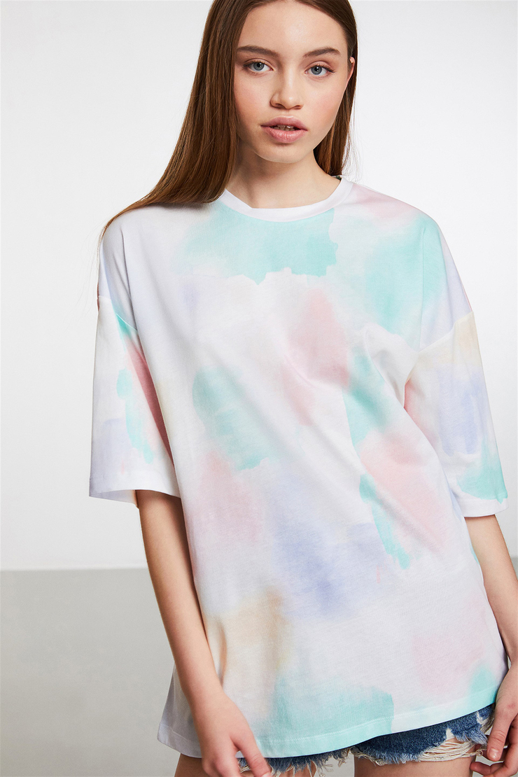 SARDINIA Kadın Beyaz Baskılı Yuvarlak Yaka Oversize T-Shirt