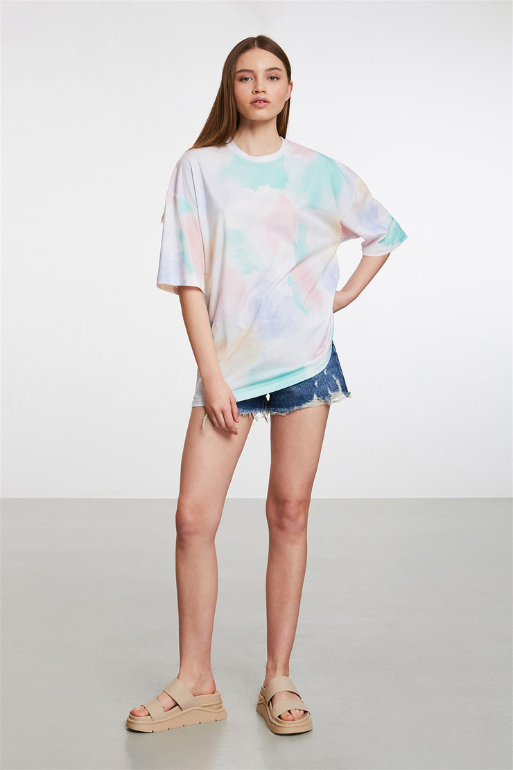 SARDINIA Kadın Beyaz Baskılı Yuvarlak Yaka Oversize T-Shirt