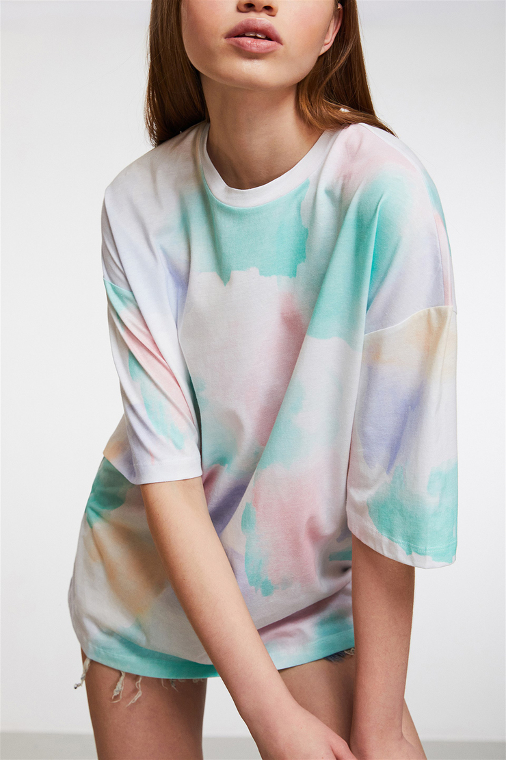 SARDINIA Kadın Beyaz Baskılı Yuvarlak Yaka Oversize T-Shirt