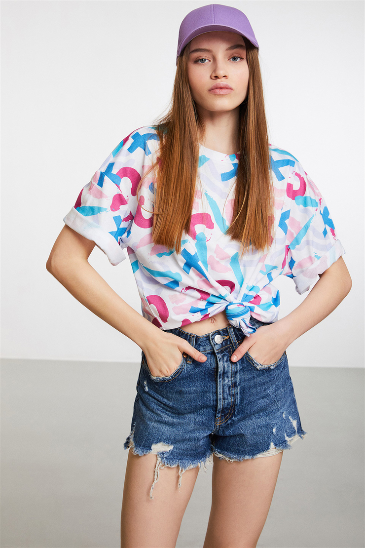 SARDINIA Kadın Mavi Baskılı Yuvarlak Yaka Oversize T-Shirt