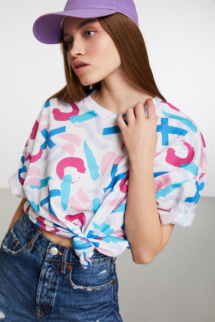 SARDINIA Kadın Mavi Baskılı Yuvarlak Yaka Oversize T-Shirt