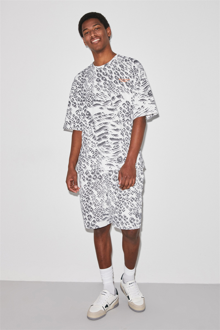 SAUVAGE Erkek Beyaz Leopar Desenli Yuvarlak Yaka Oversize T-Shirt