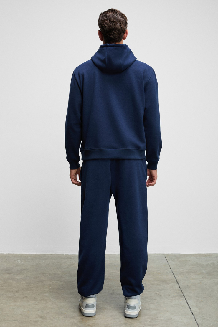 SCARN Erkek Pamuklu İçi Polarlı Nakışlı Kapüşonlu Relaxed Koyu Lacivert Sweatshirt