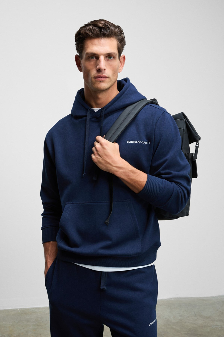 SCARN Erkek Pamuklu İçi Polarlı Nakışlı Kapüşonlu Relaxed Koyu Lacivert Sweatshirt