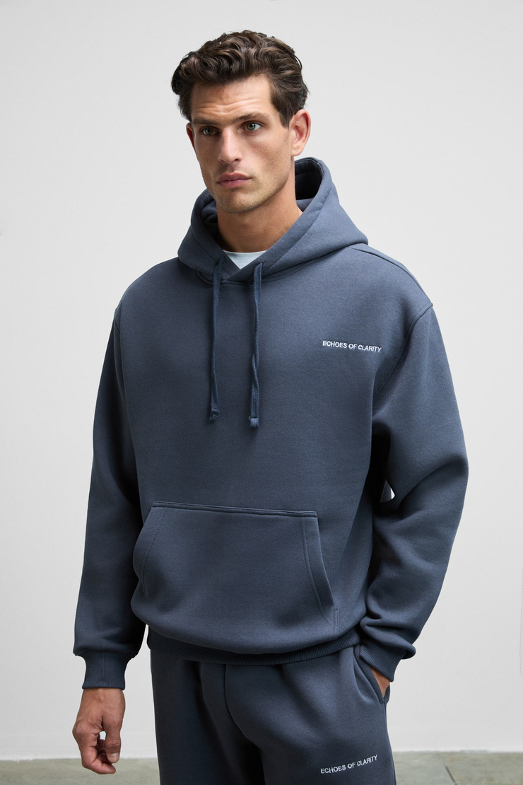 SCARN Erkek Pamuklu İçi Polarlı Nakışlı Kapüşonlu Relaxed Koyu Gri Sweatshirt