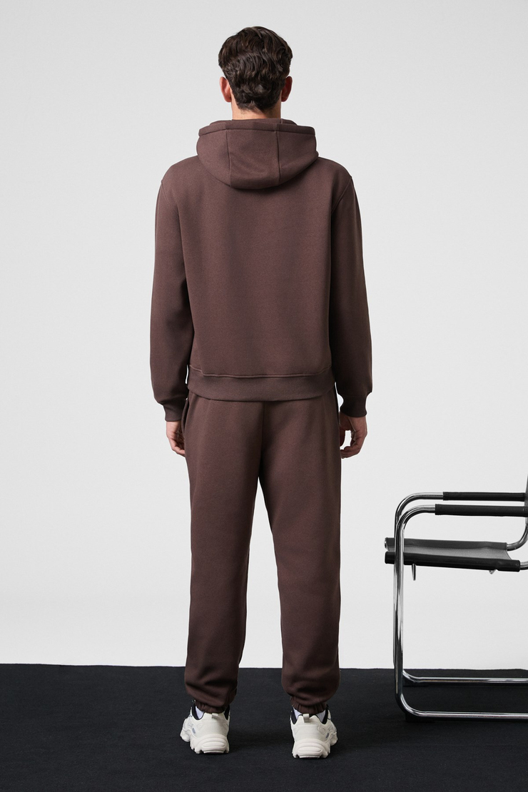 SCARN Erkek Pamuklu İçi Polarlı Nakışlı Kapüşonlu Relaxed Kahverengi Sweatshirt